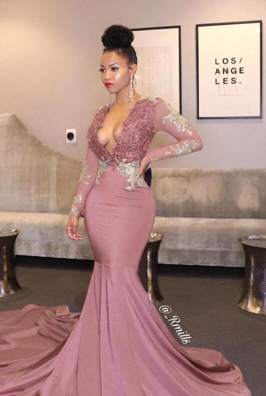 Dusty rose v-neck ruffled mermaid prom dress