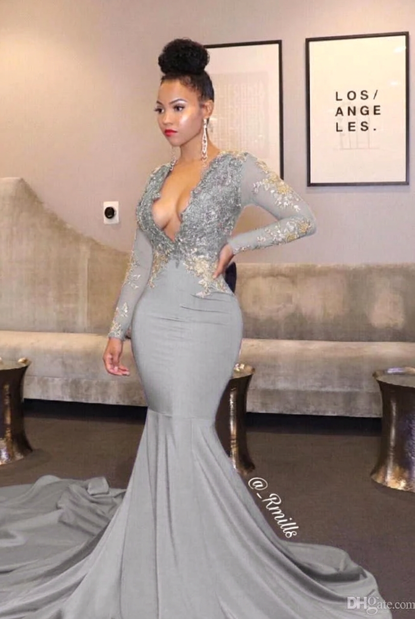 Silver v-neck ruffled mermaid prom dress