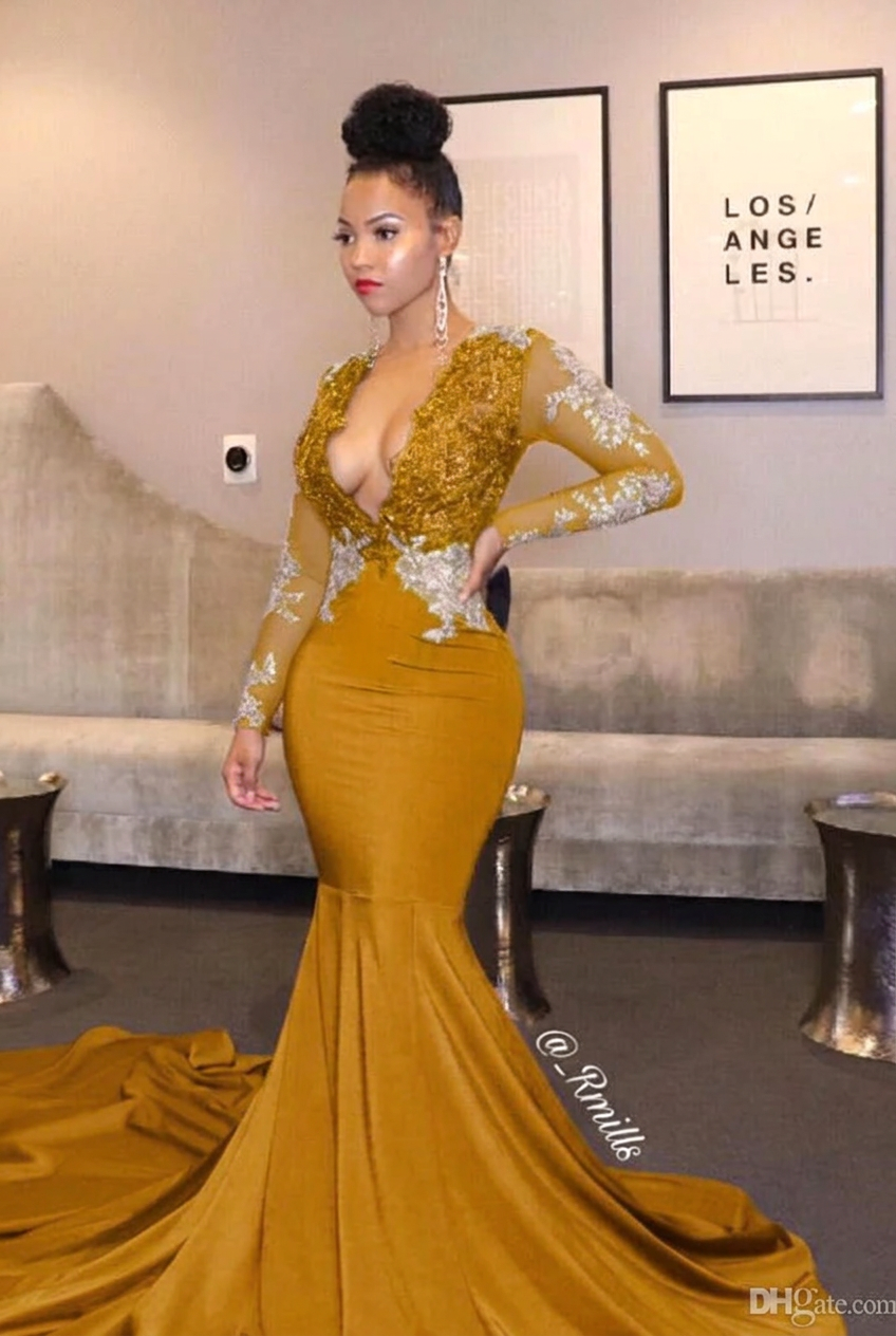 Gold v-neck ruffled mermaid prom dress