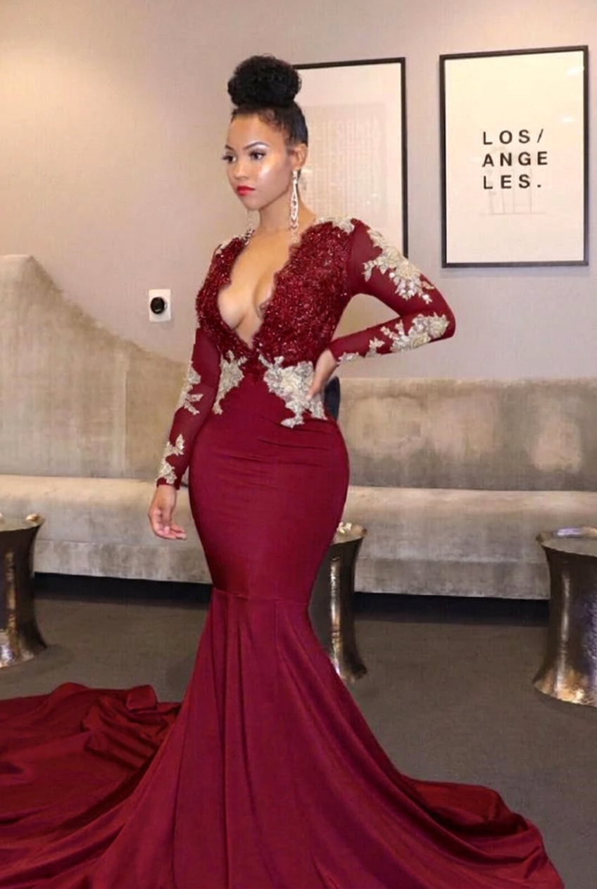 Burgundy v-neck ruffled mermaid prom dress