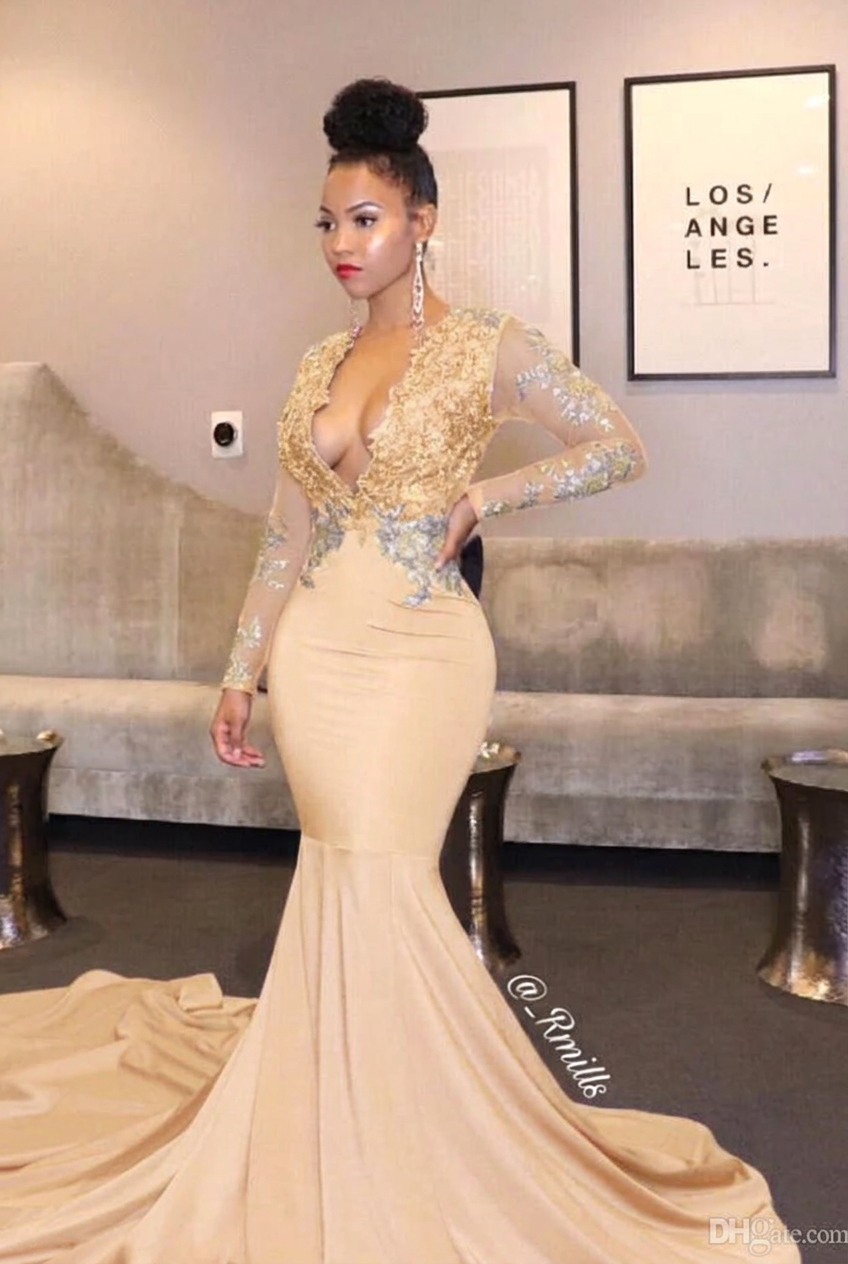 Champagne v-neck ruffled mermaid prom dress