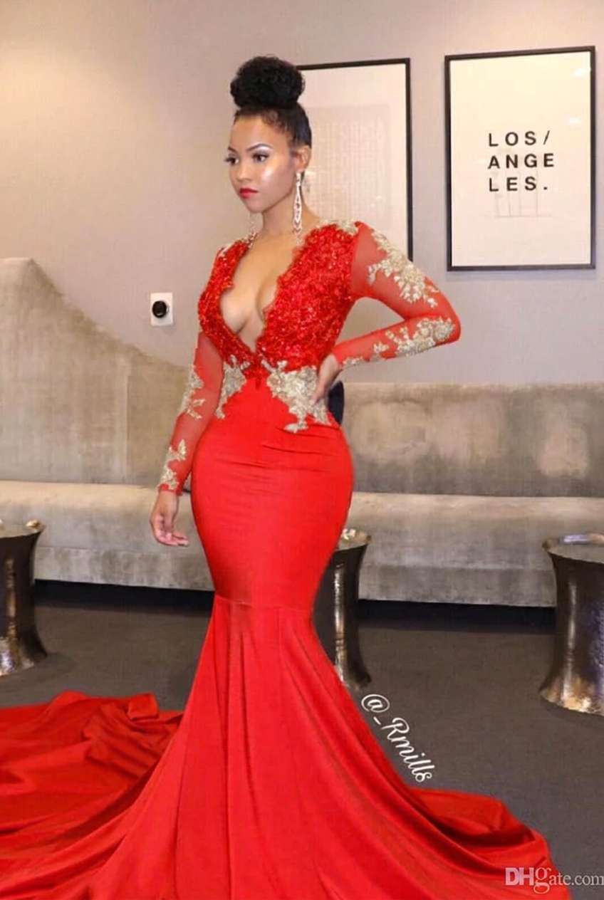 Red v-neck ruffled mermaid prom dress