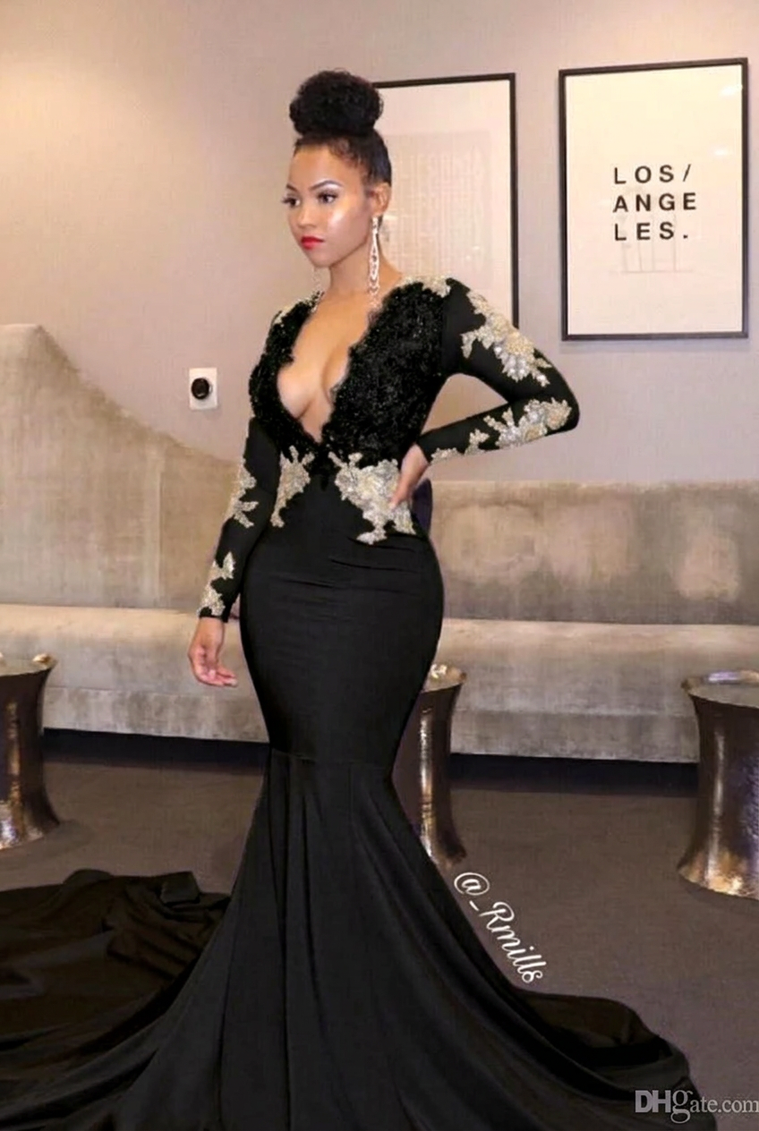 Black v-neck ruffled mermaid prom dress