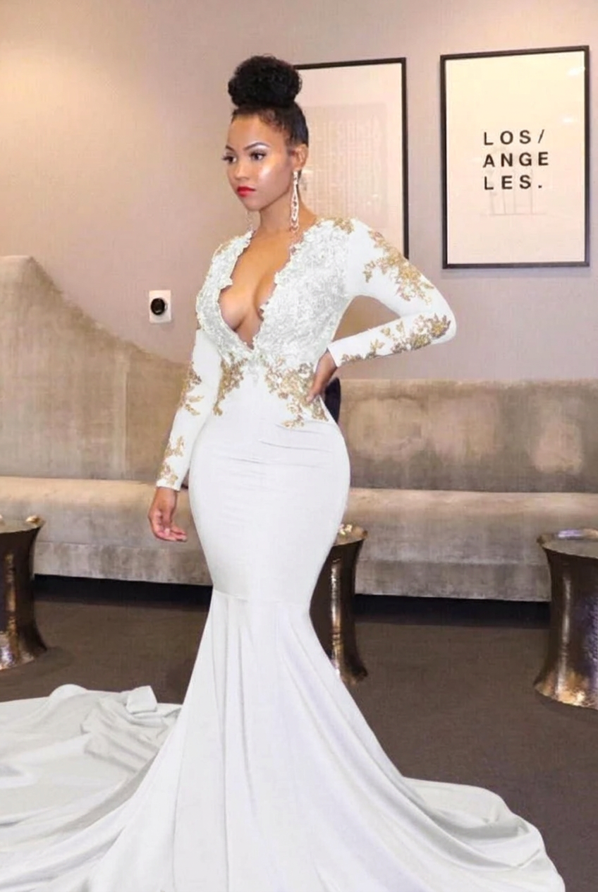 White v-neck ruffled mermaid prom dress