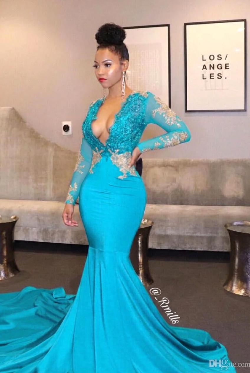 Turquoise v-neck ruffled mermaid prom dress