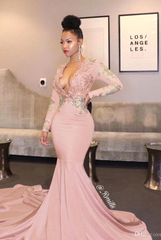 Pearl pink v-neck ruffled mermaid prom dress