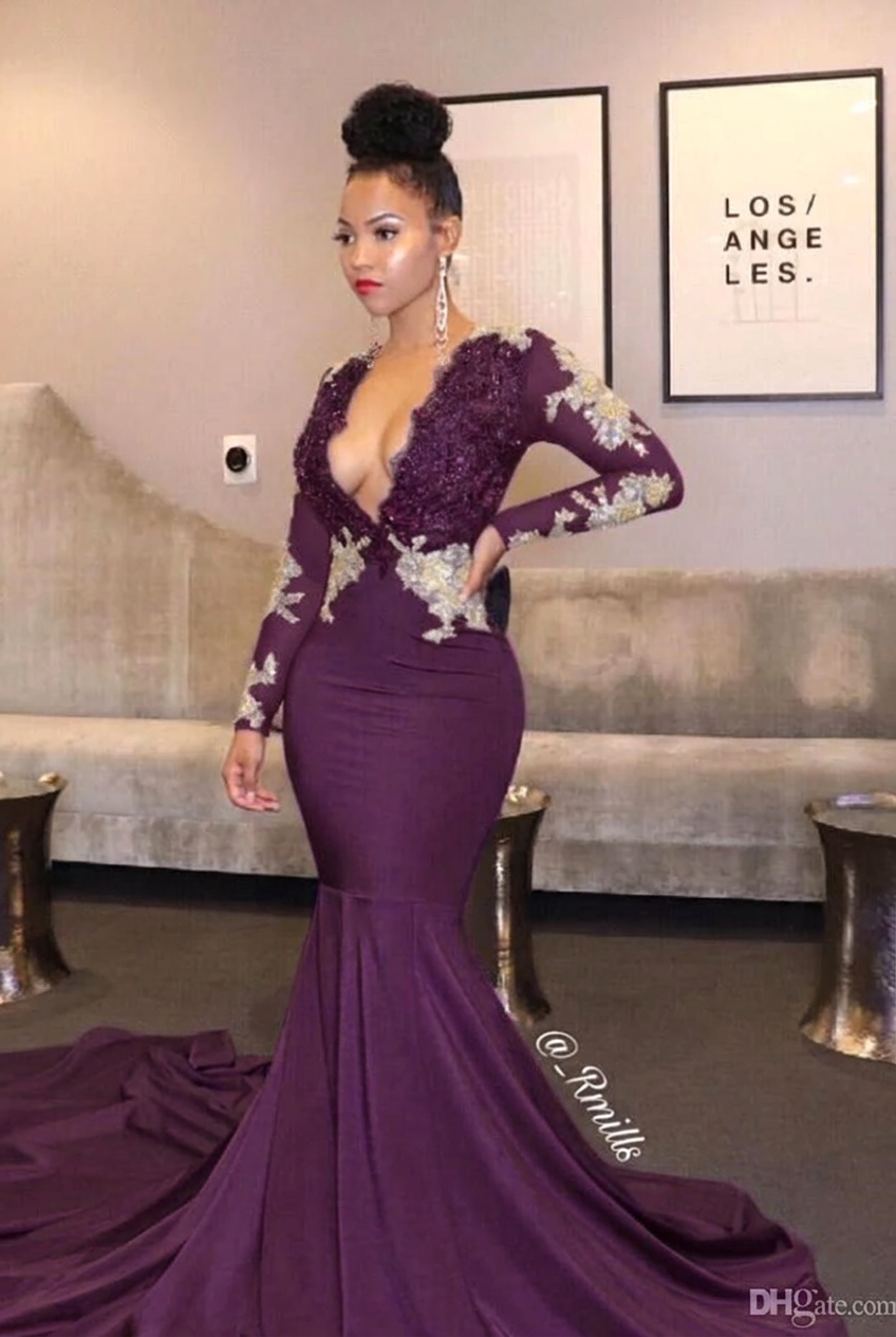 Grape v-neck ruffled mermaid prom dress