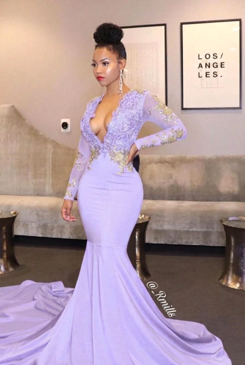 Lavender v-neck ruffled mermaid prom dress