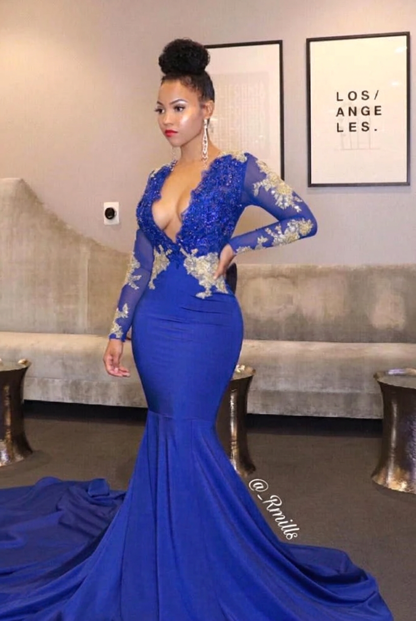 Royal blue v-neck ruffled mermaid prom dress