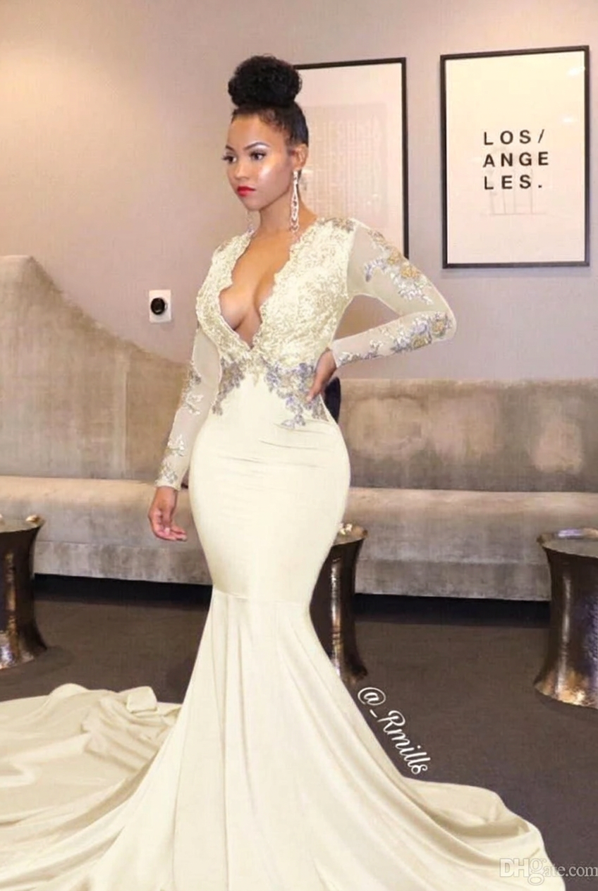 Ivory v-neck ruffled mermaid prom dress