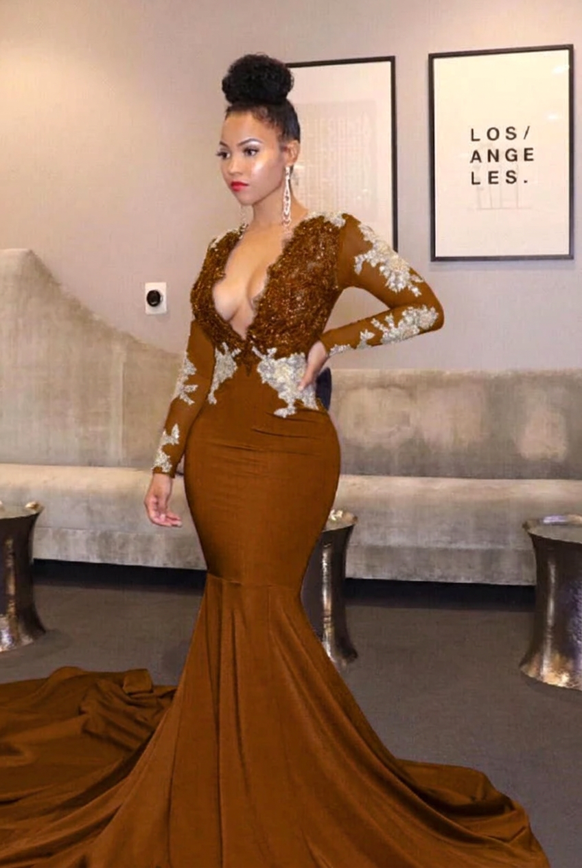 Chocolate v-neck ruffled mermaid prom dress