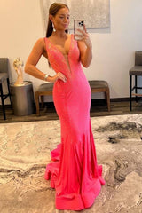 Purple Mermaid Prom Dress with Beaded V-neck