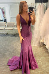 Purple Mermaid Prom Dress with V-neck Beading
