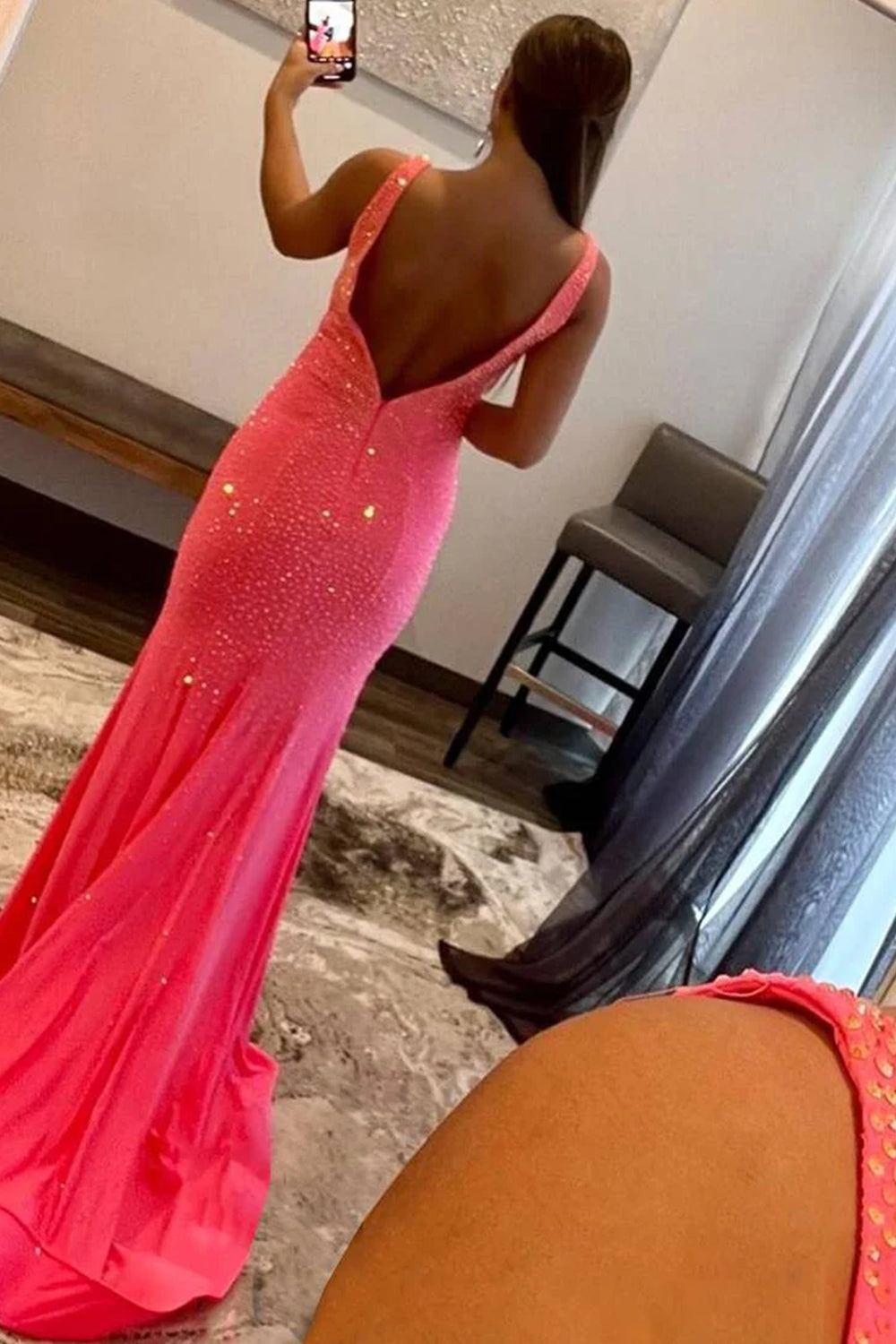 Purple Mermaid Prom Dress with V-neck Beading