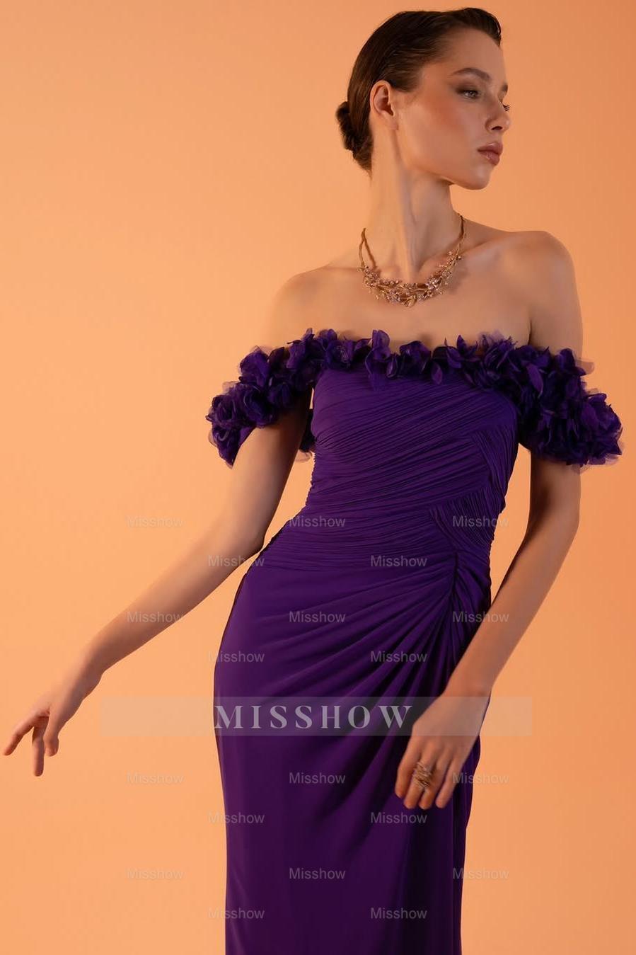 Purple Off Shoulder Sleeveless Column Chiffon Ruffled Ruched Floor Formal Evening Dress