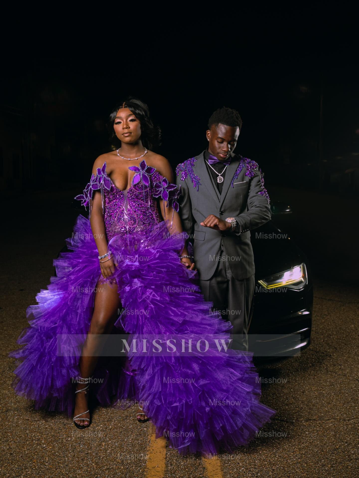 Purple Off Shoulder V-neck Prom Dress 3D Floral Ruffle Gown with Slit