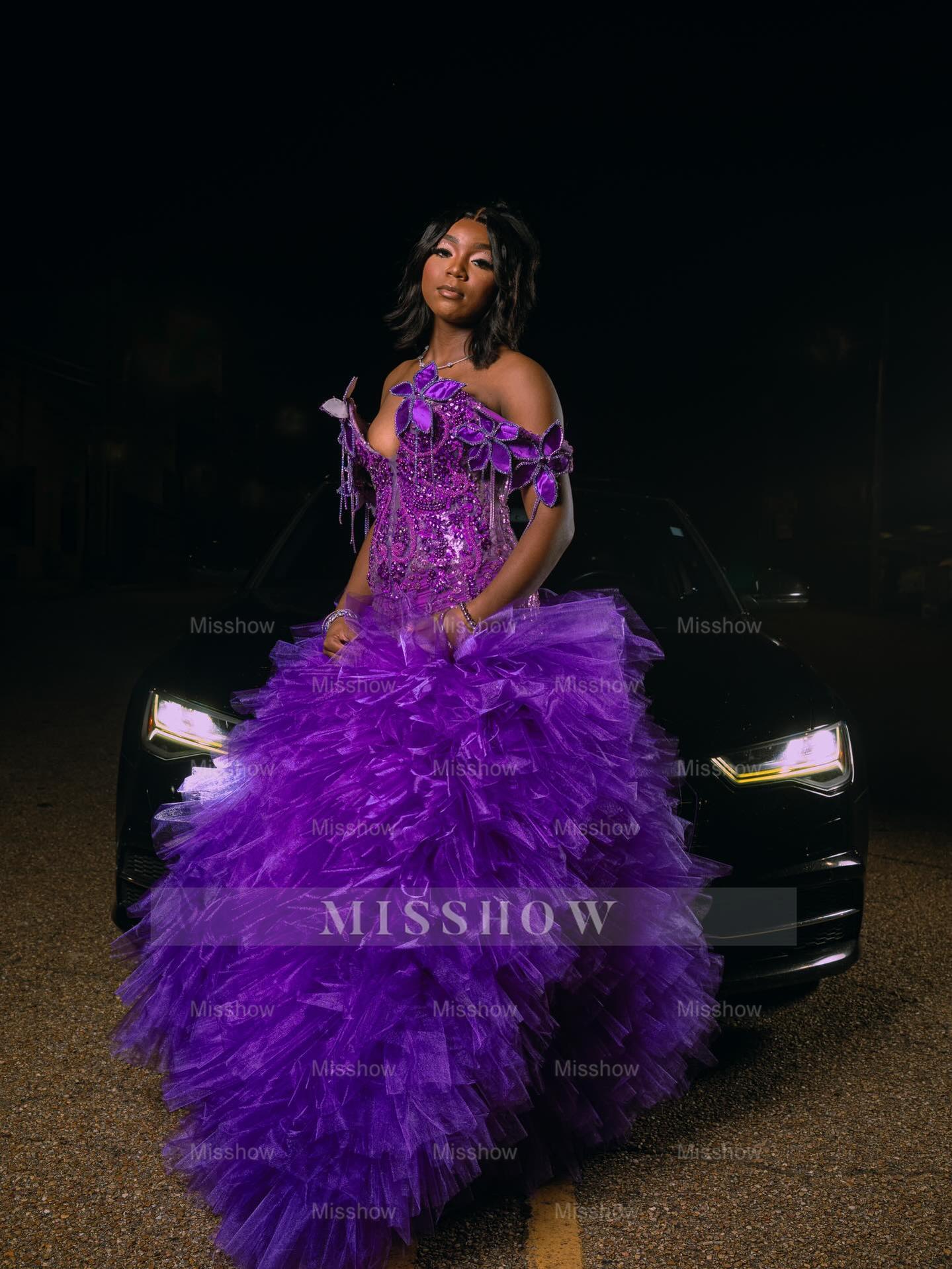 Purple Off Shoulder V-neck Prom Dress 3D Floral Ruffle Gown with Slit