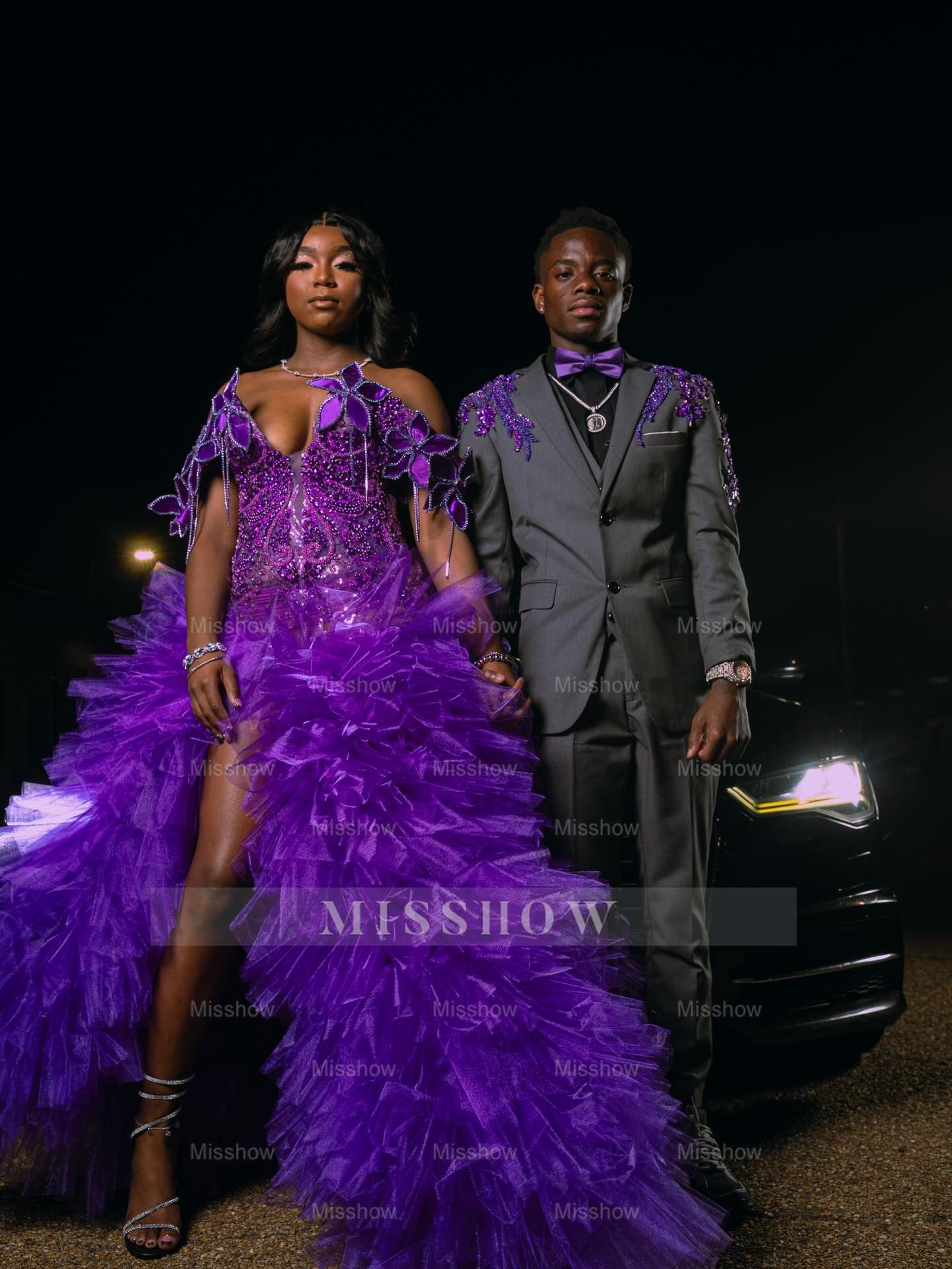 Purple Off Shoulder V-neck Prom Dress 3D Floral Ruffle Gown with Slit