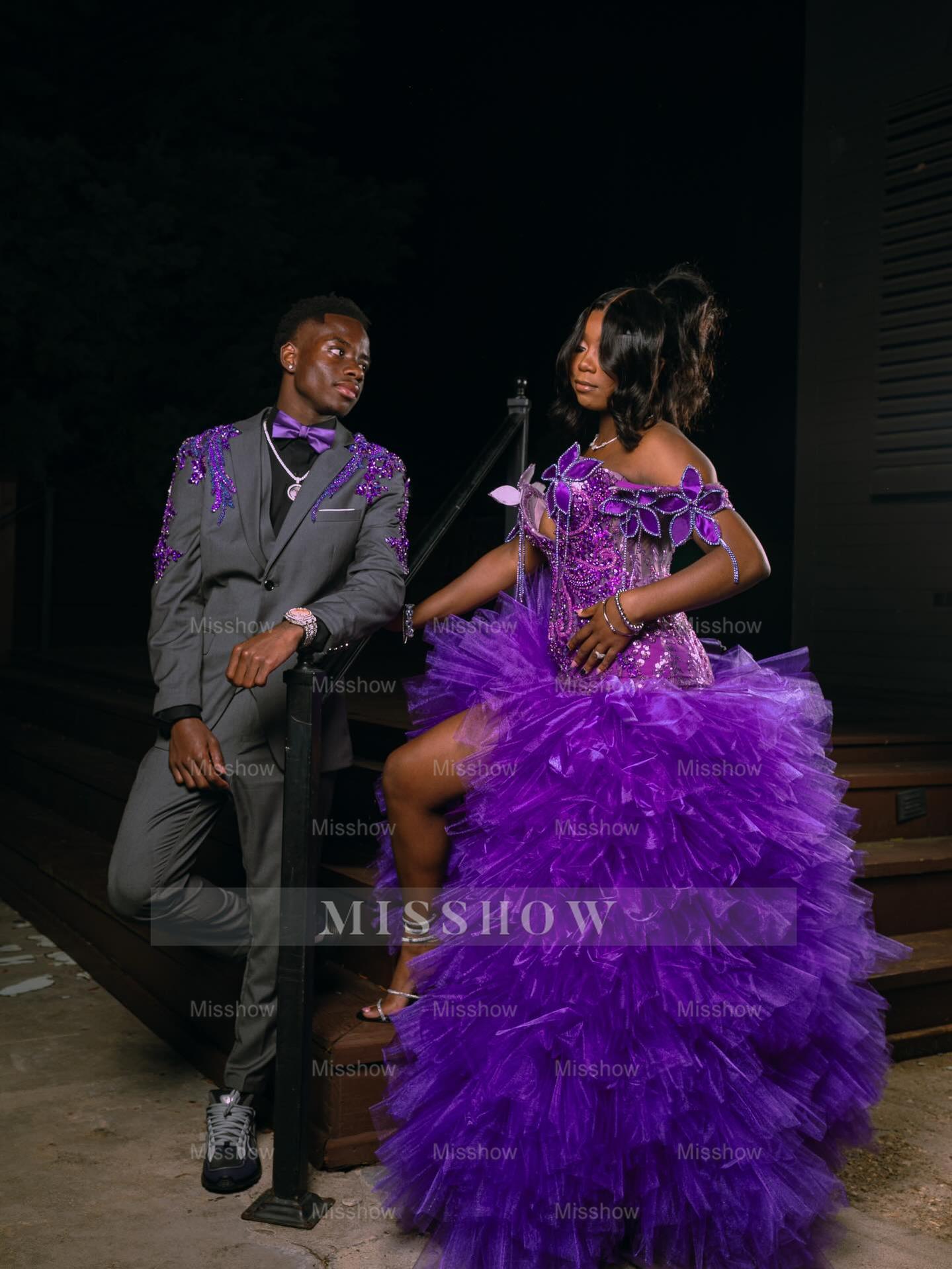 Purple Off Shoulder V-neck Prom Dress 3D Floral Ruffle Gown with Slit