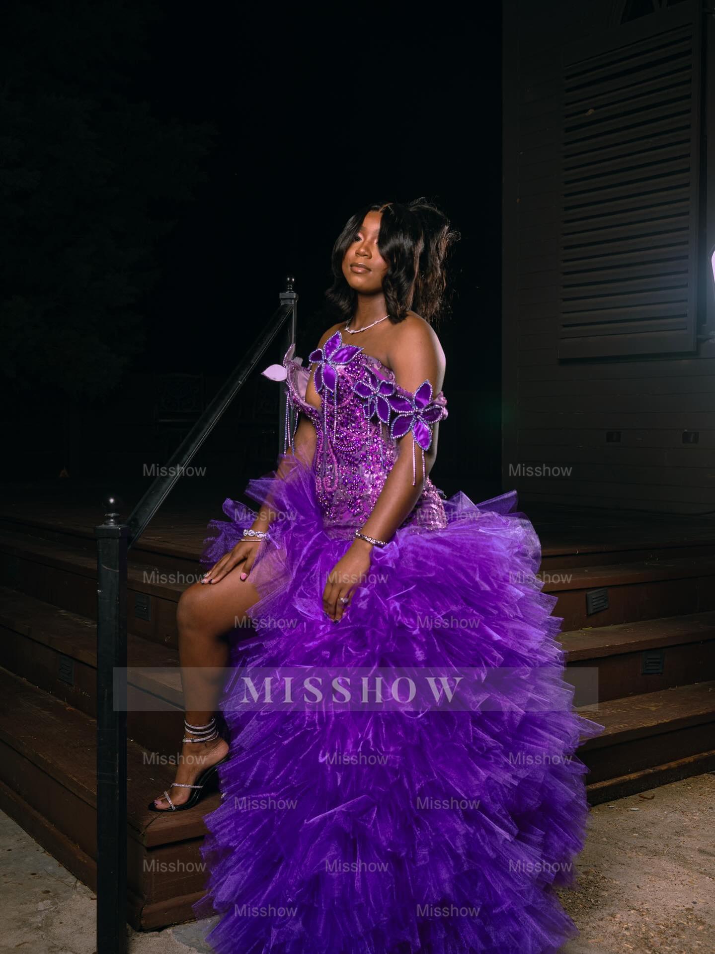 Purple Off Shoulder V-neck Prom Dress 3D Floral Ruffle Gown with Slit