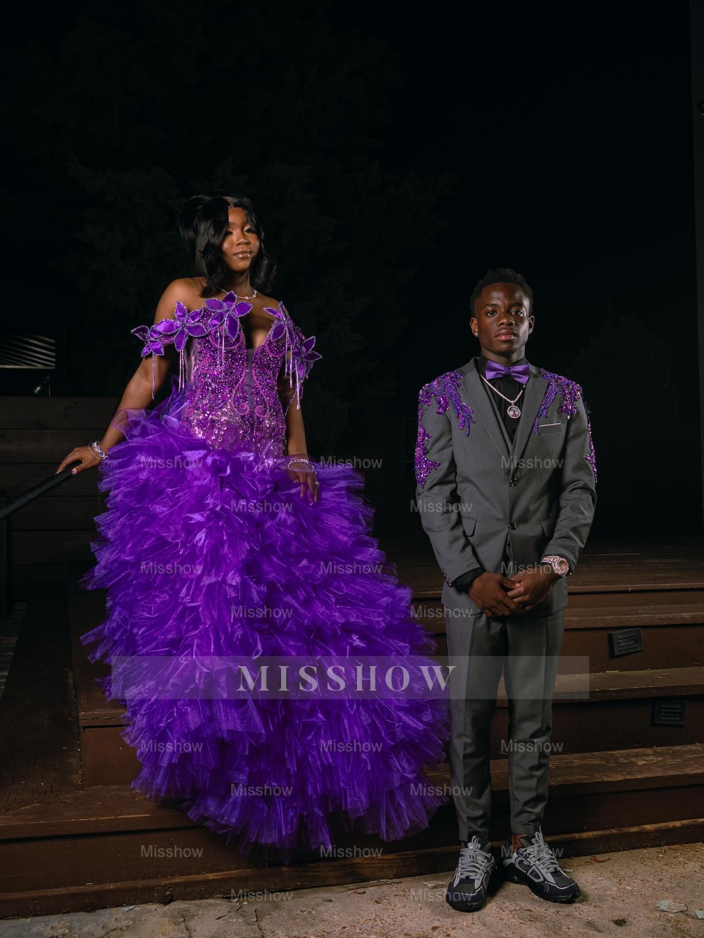 Purple Off Shoulder V-neck Prom Dress 3D Floral Ruffle Gown with Slit