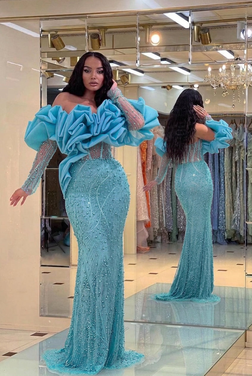 Turquoise off-the-shoulder ruffled mermaid evening dress