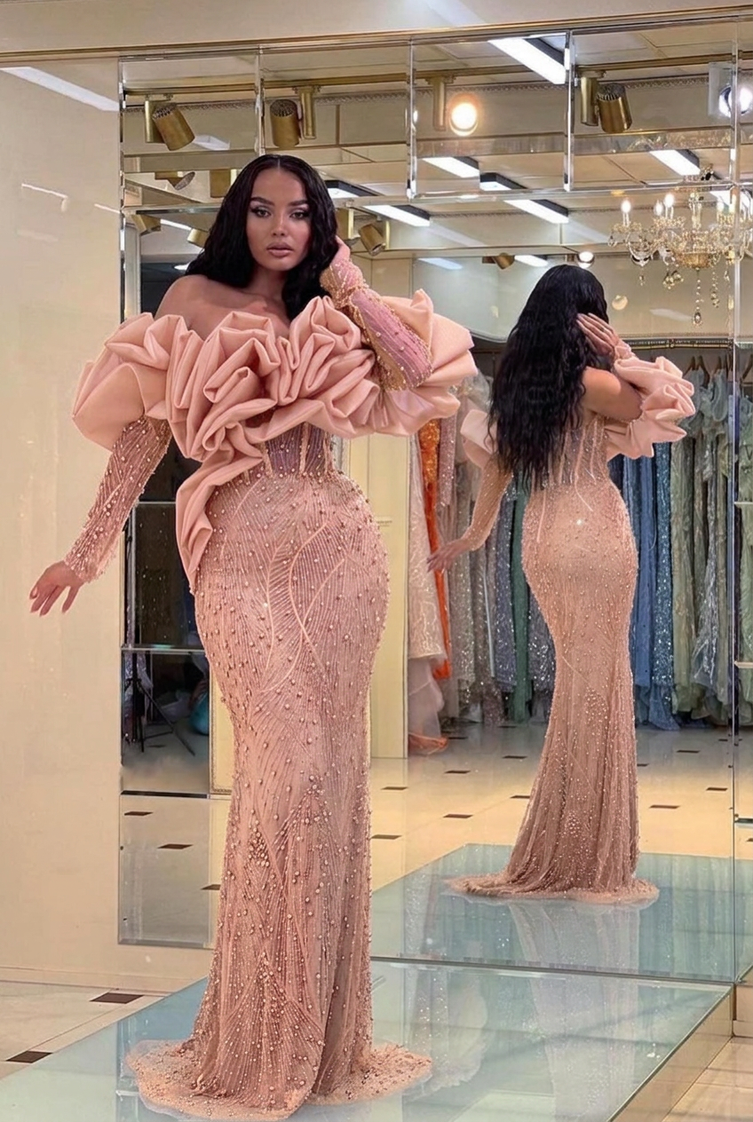 Pearl pink off-the-shoulder ruffled mermaid evening dress