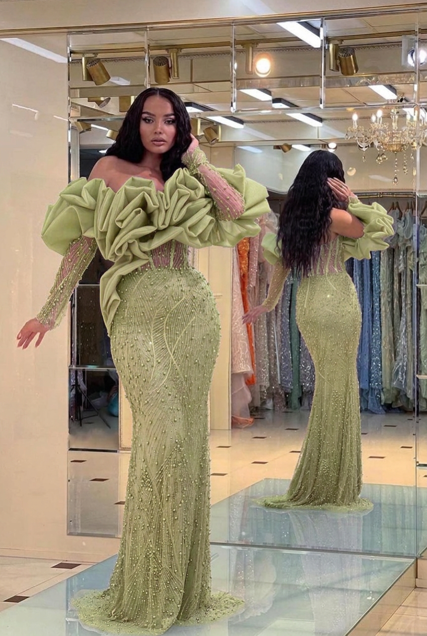 Sage off-the-shoulder ruffled mermaid evening dress
