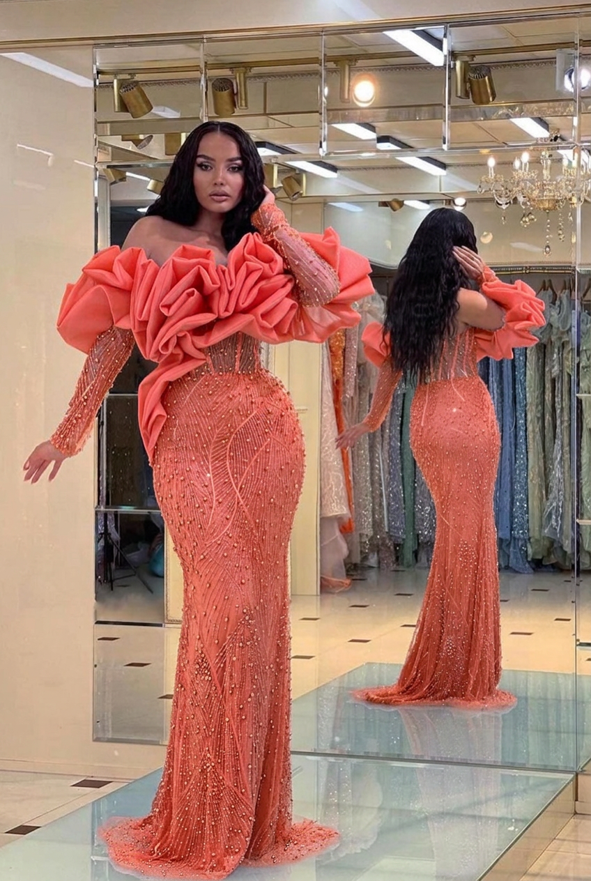 Coral off-the-shoulder ruffled mermaid evening dress
