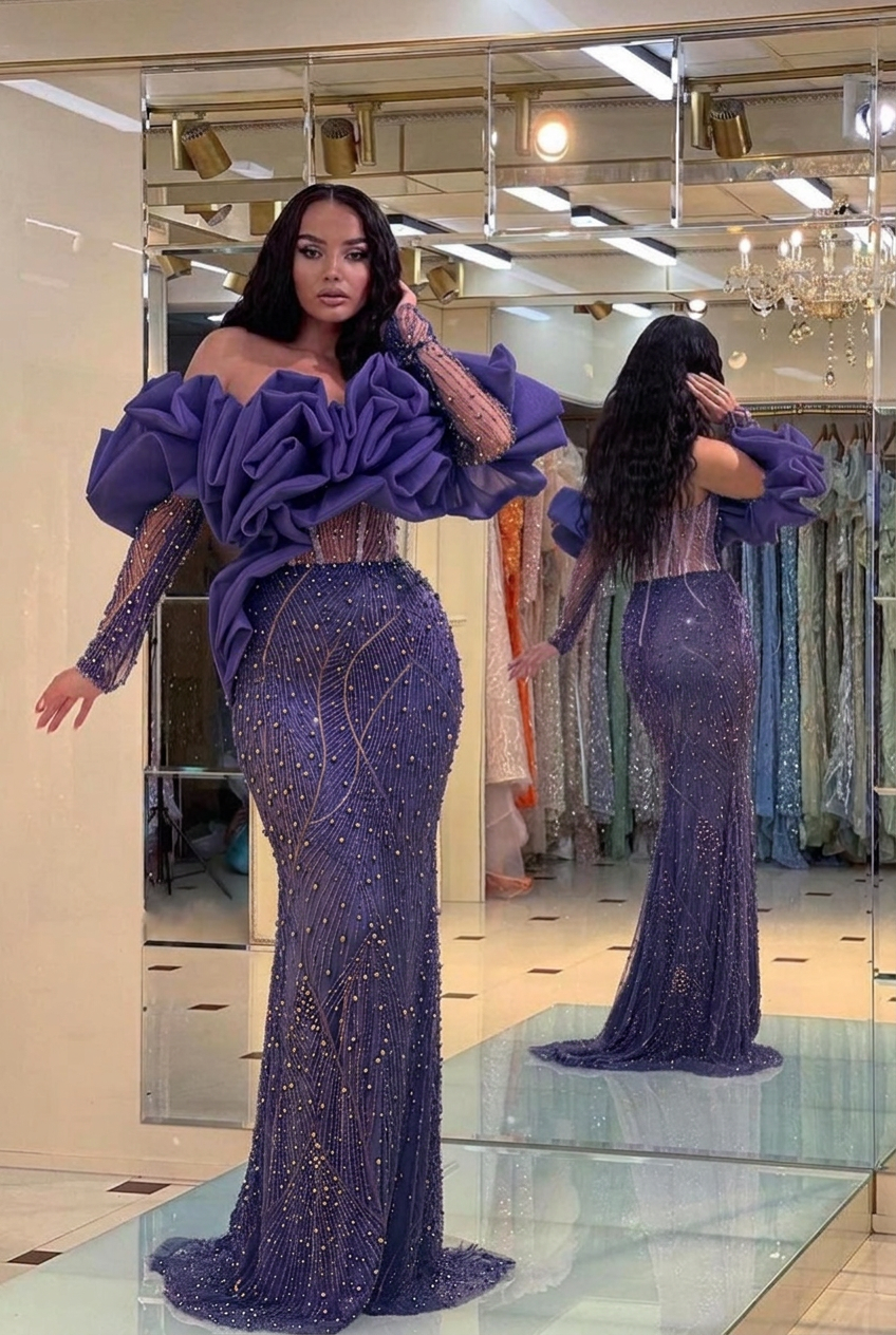 Regency off-the-shoulder ruffled mermaid evening dress