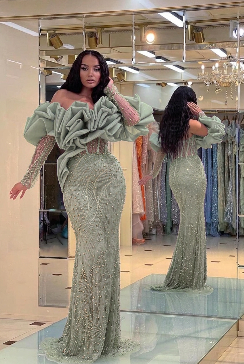 Dusty sage off-the-shoulder ruffled mermaid evening dress