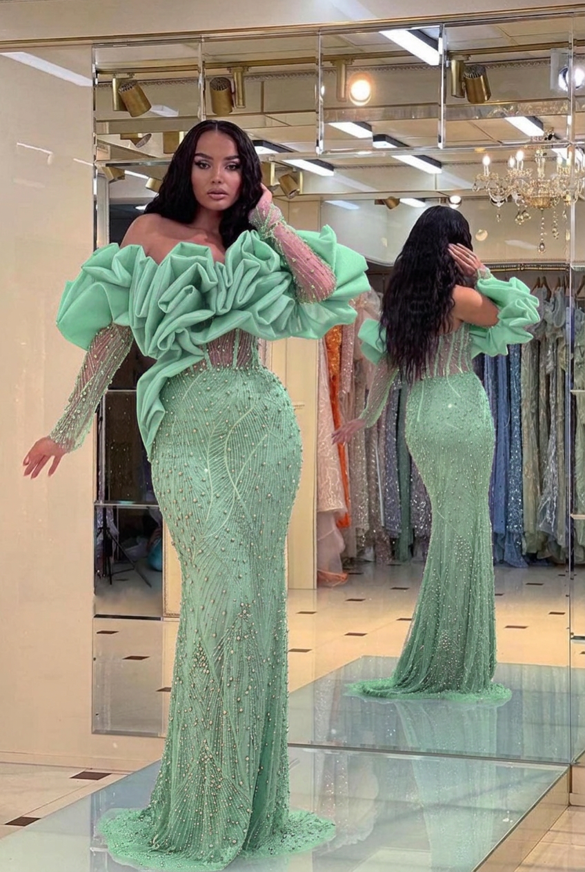 Mint green off-the-shoulder ruffled mermaid evening dress