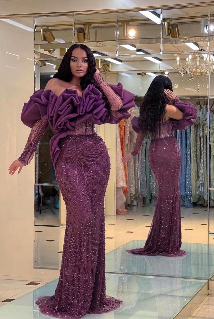 Grape off-the-shoulder ruffled mermaid evening dress