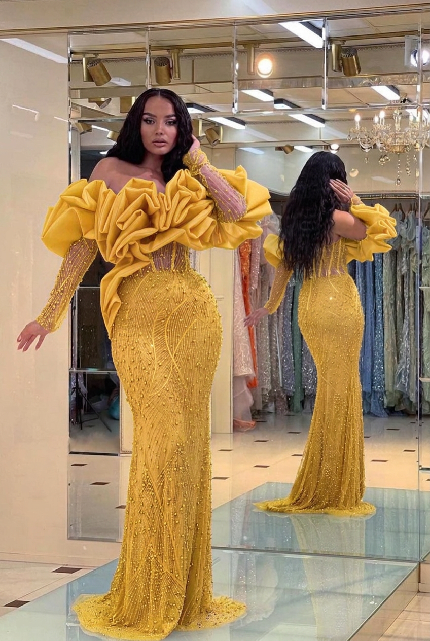 Yellow off-the-shoulder ruffled mermaid evening dress