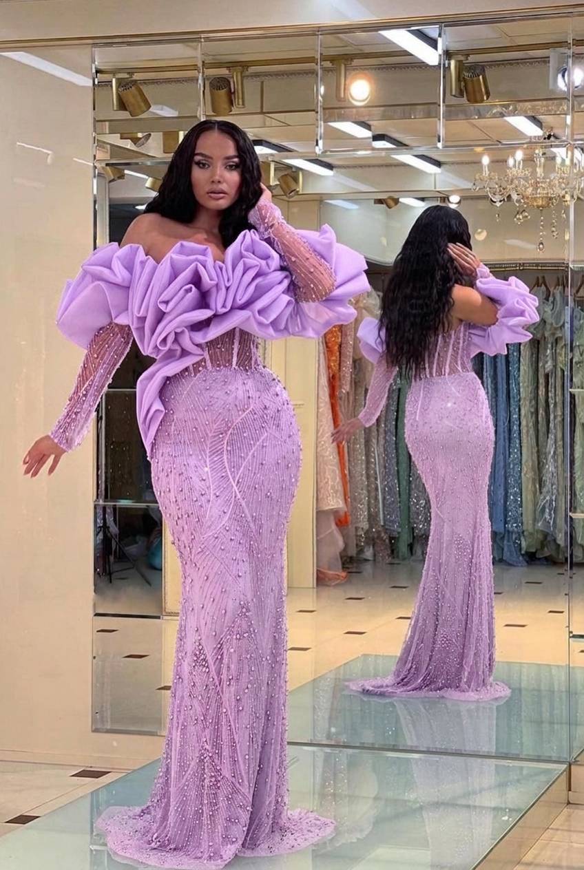 Lavender off-the-shoulder ruffled mermaid evening dress