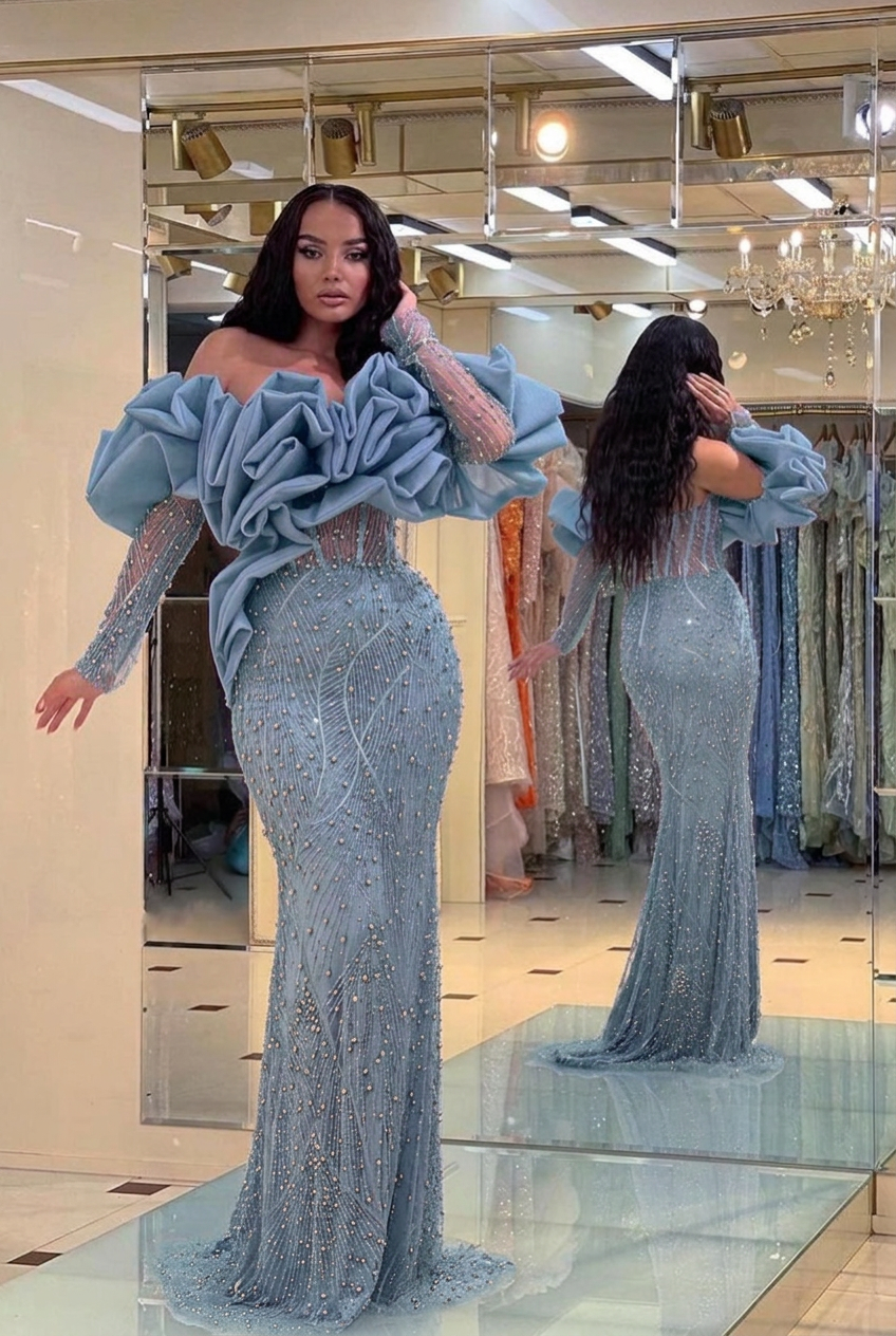 Dusty blue off-the-shoulder ruffled mermaid evening dress