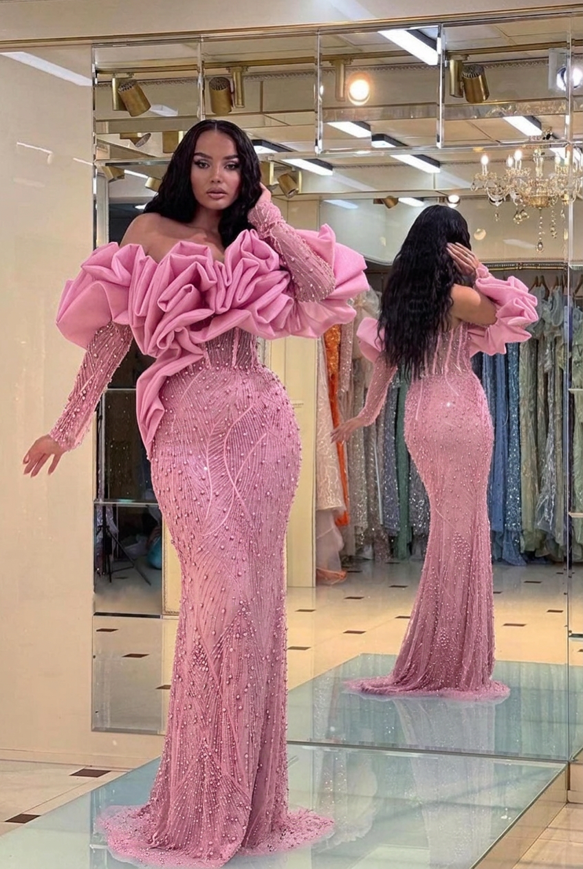 Candy pink off-the-shoulder ruffled mermaid evening dress