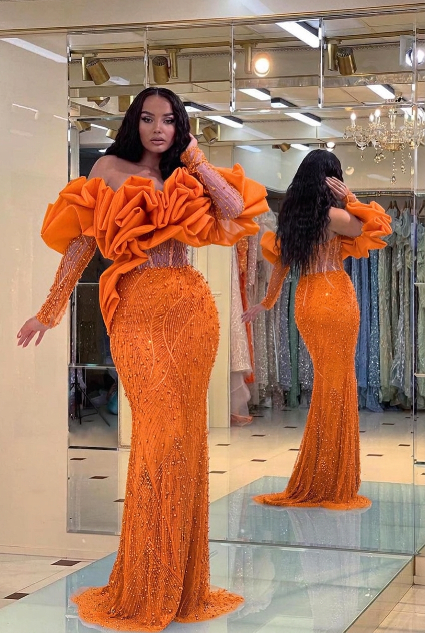 Orange off-the-shoulder ruffled mermaid evening dress