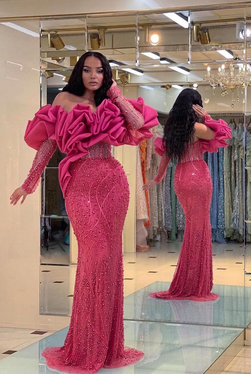 Fuchsia off-the-shoulder ruffled mermaid evening dress