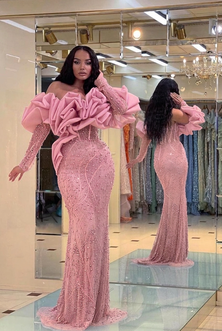 Blushing pink off-the-shoulder ruffled mermaid evening dress