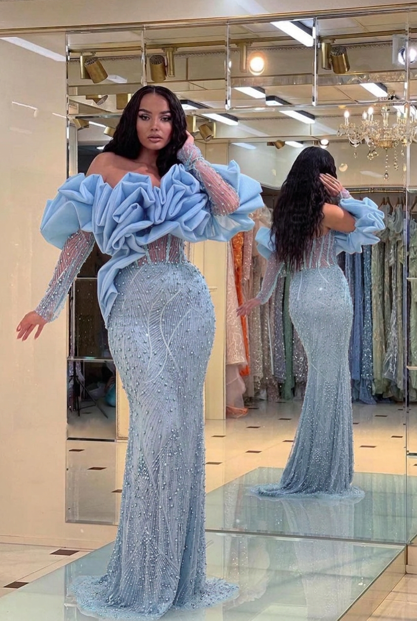 Light blue off-the-shoulder ruffled mermaid evening dress