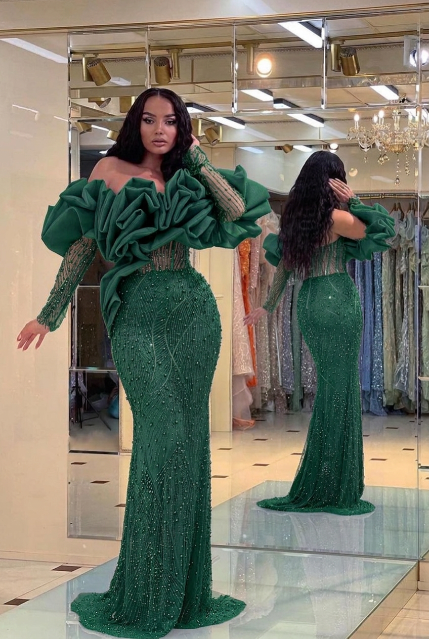 Dark green off-the-shoulder ruffled mermaid evening dress