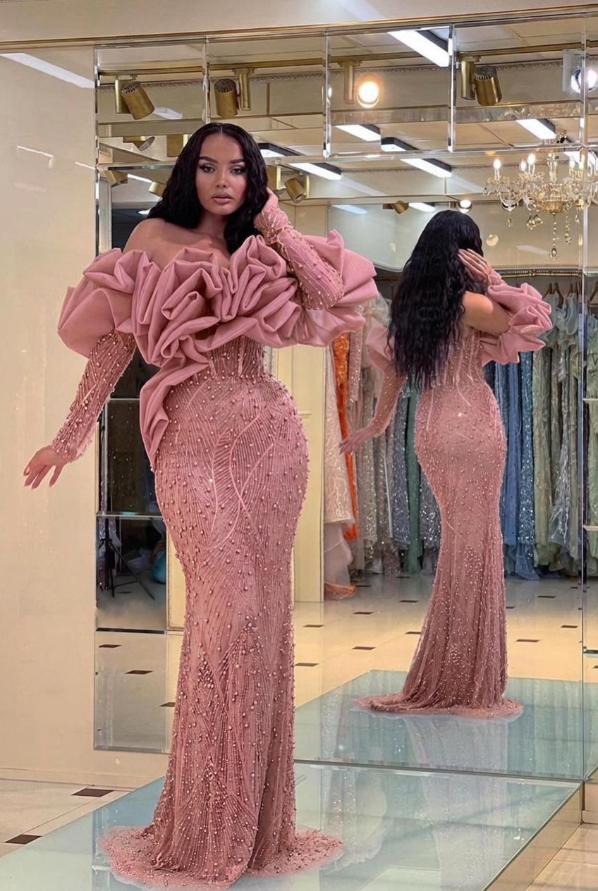 Dusty rose off-the-shoulder ruffled mermaid evening dress