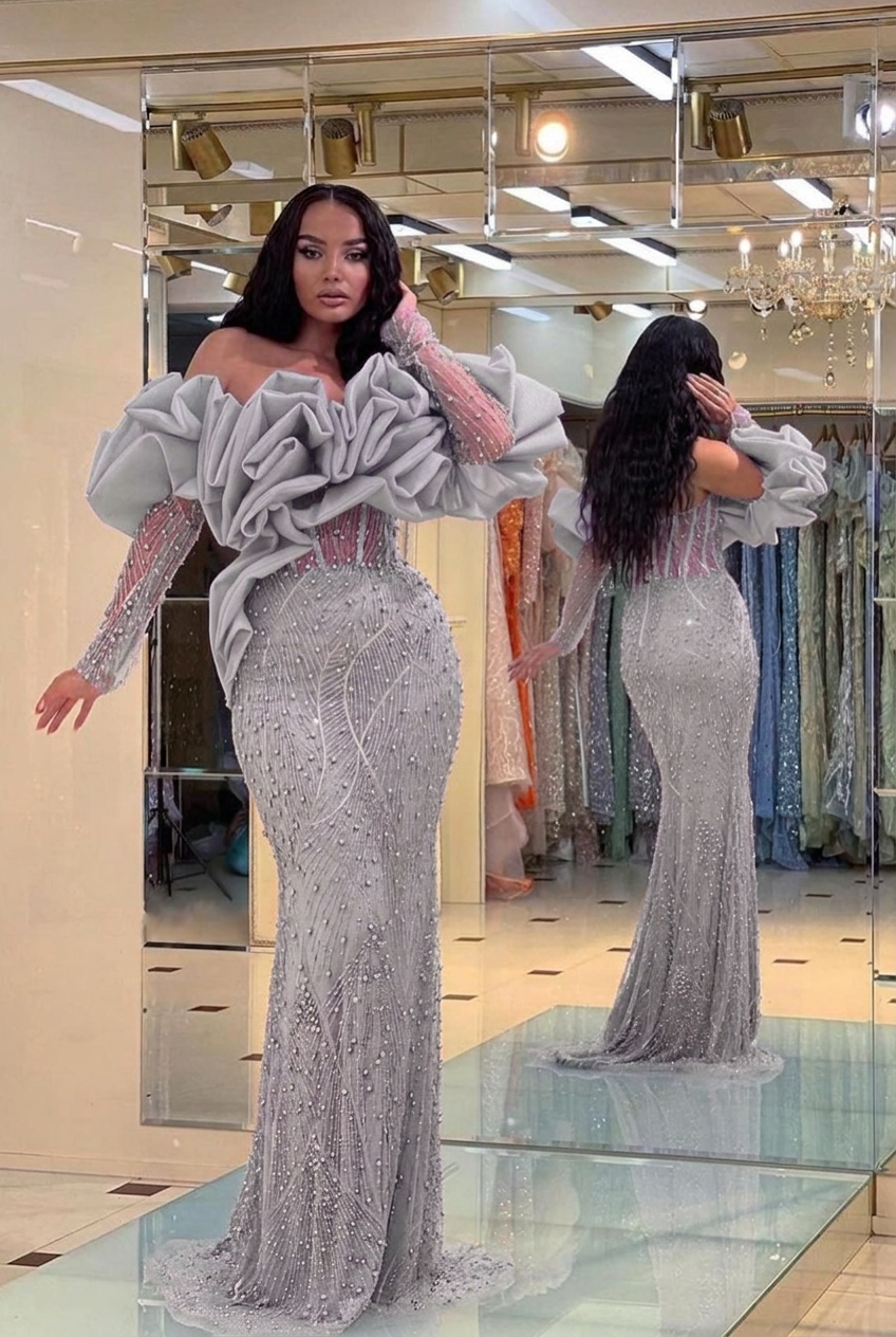 Silver off-the-shoulder ruffled mermaid evening dress