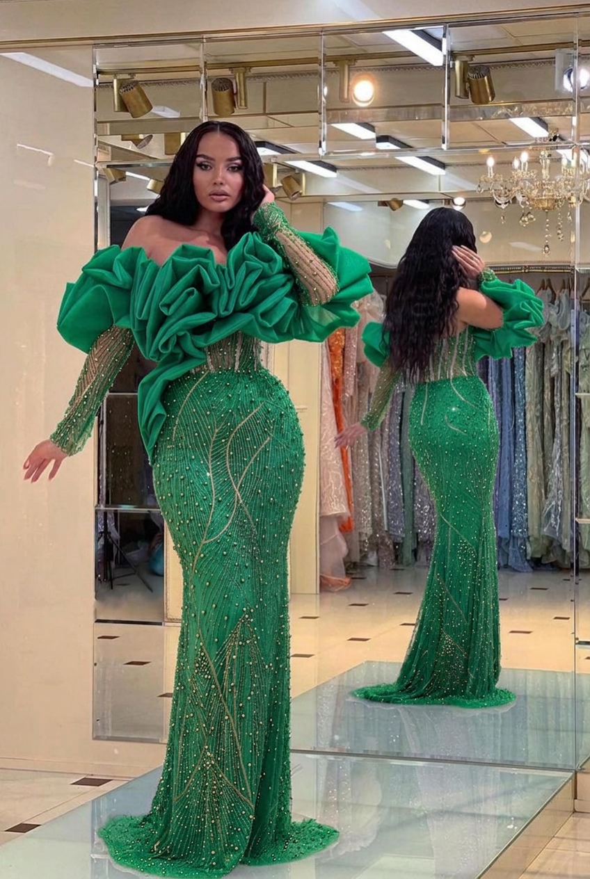 Emerald green off-the-shoulder ruffled mermaid evening dress