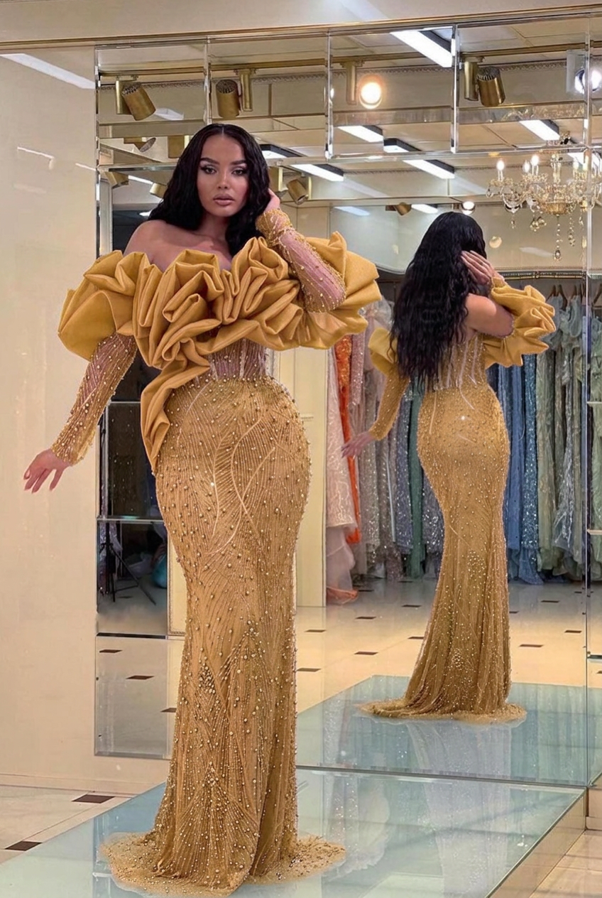 Gold off-the-shoulder ruffled mermaid evening dress