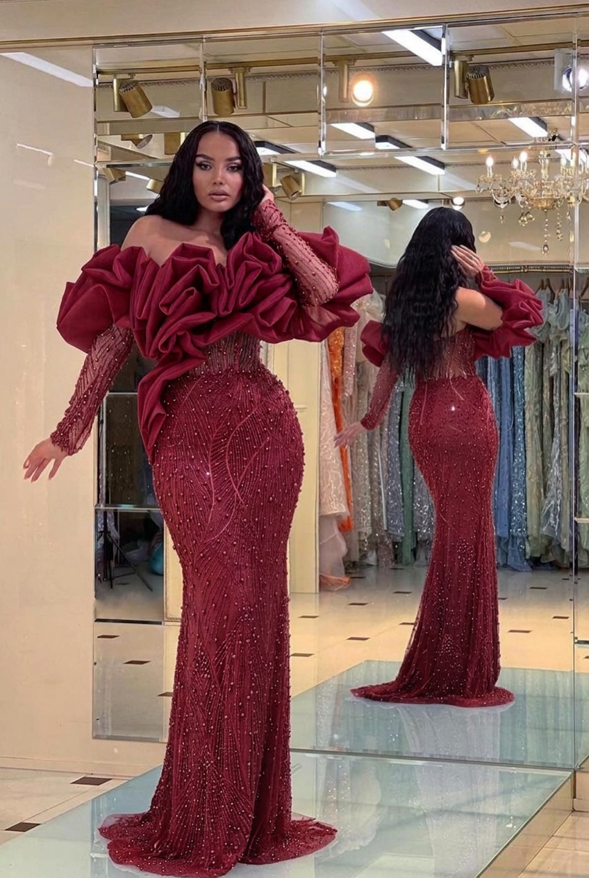Burgundy off-the-shoulder ruffled mermaid evening dress