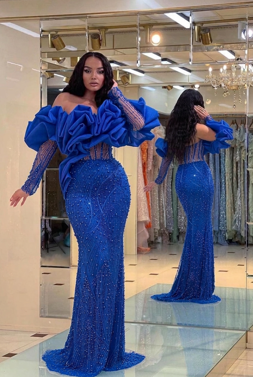 Royal blue off-the-shoulder ruffled mermaid evening dress