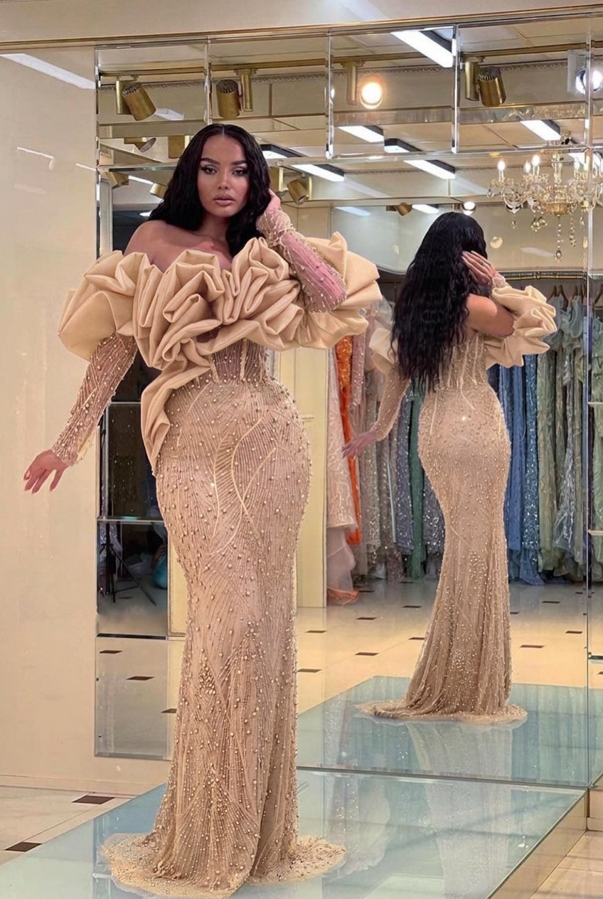 Champagne off-the-shoulder ruffled mermaid evening dress
