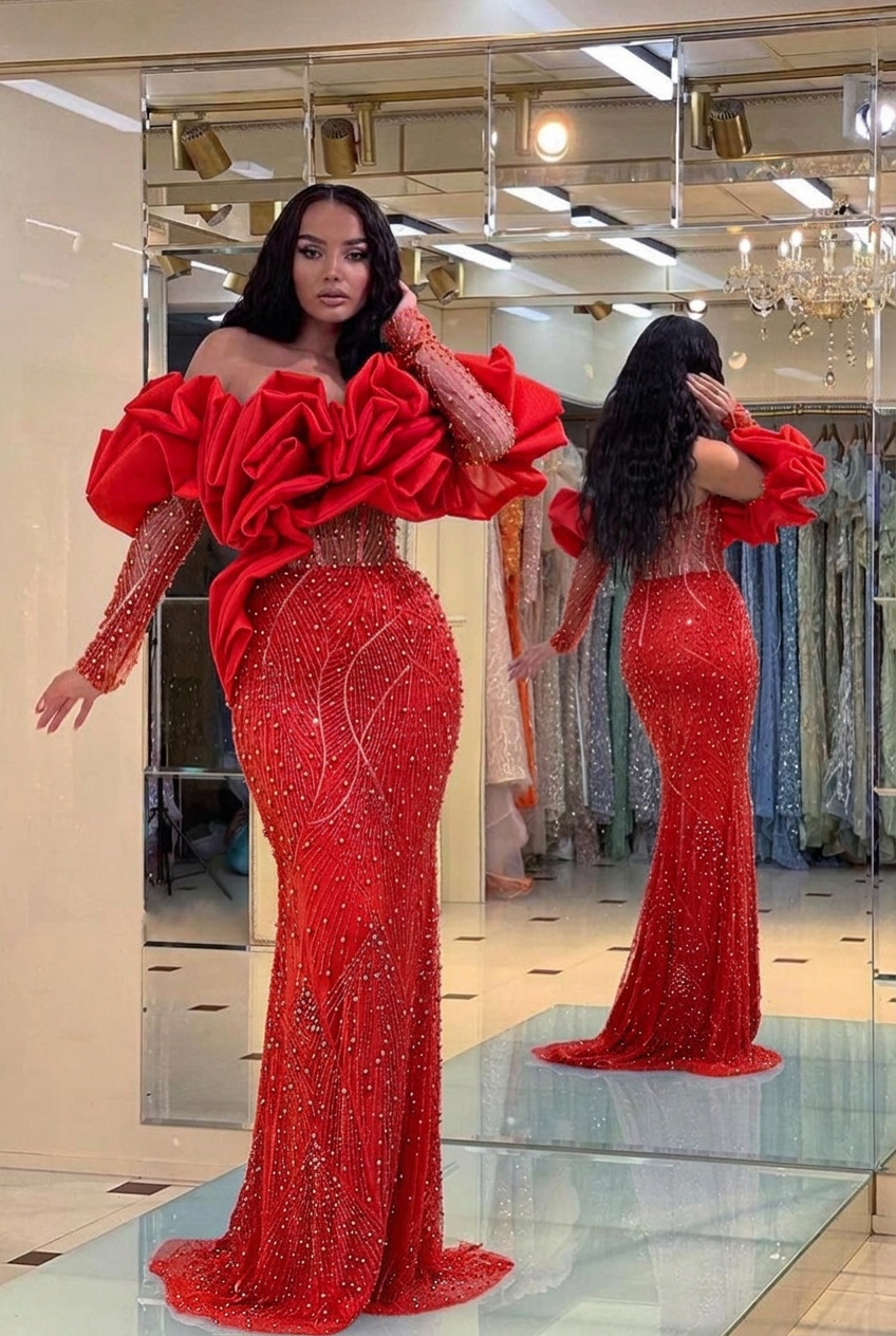Red off-the-shoulder ruffled mermaid evening dress